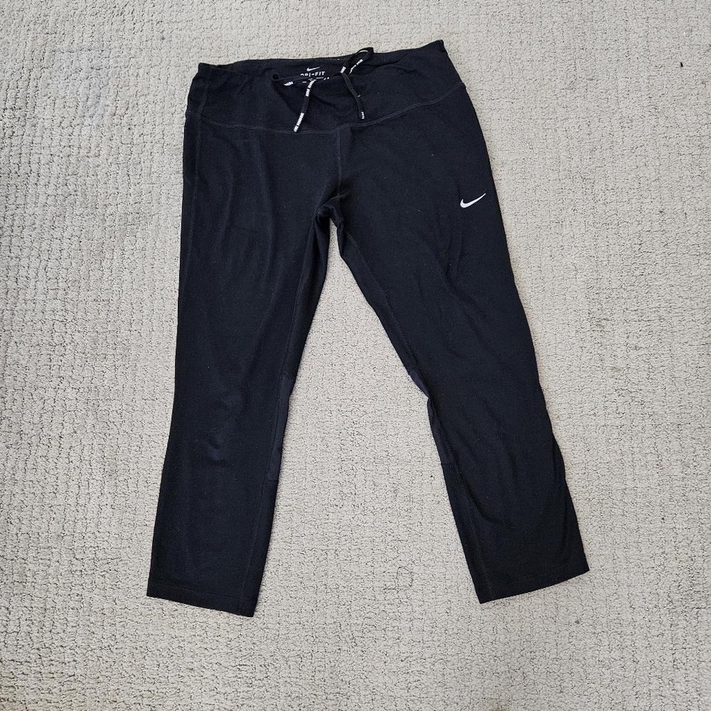 NIke Dri Fit 3/4 Running Tights Black Drawstring Zip Pocket Reflector Dots Large